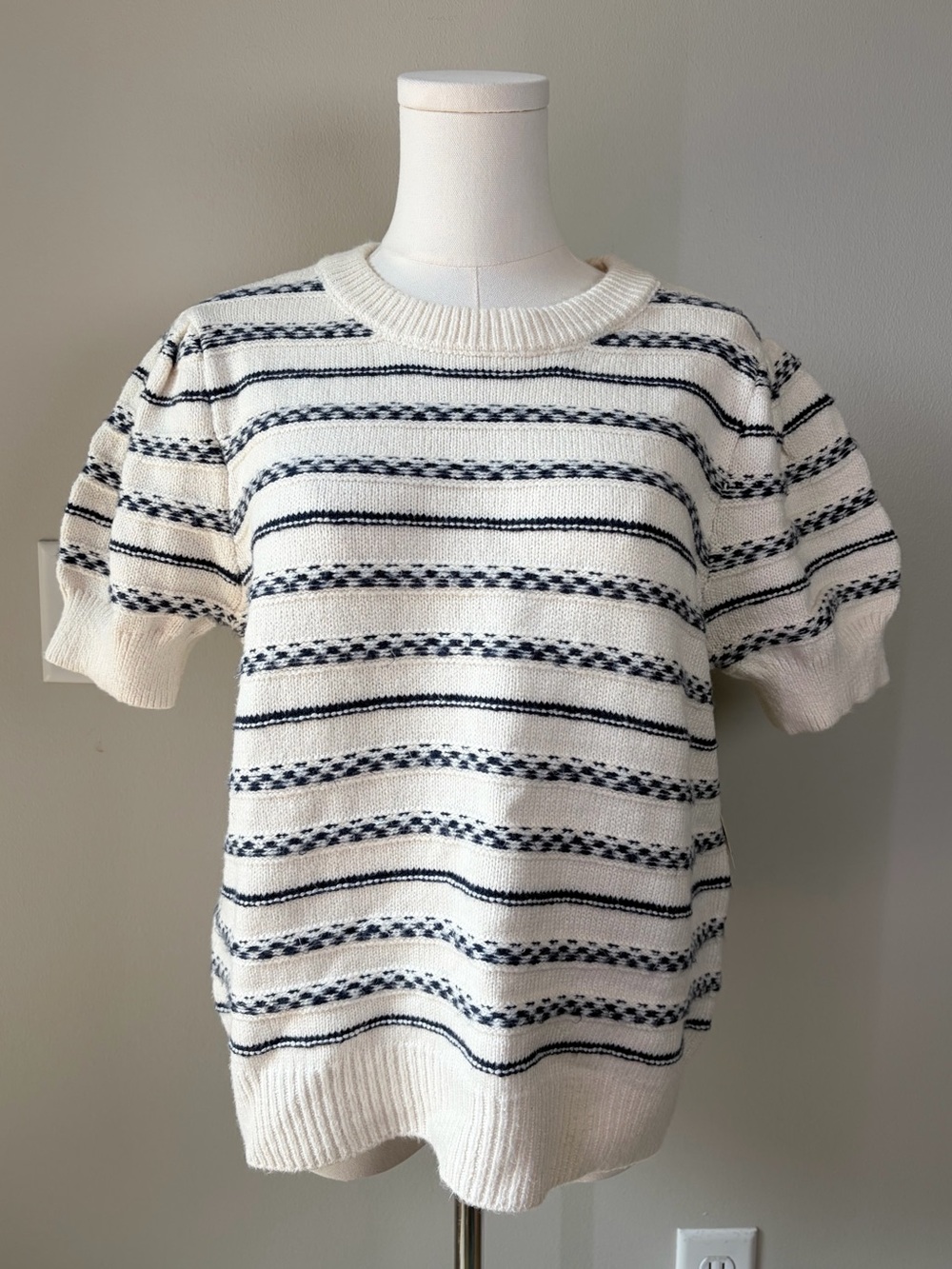 St. John’s Bay Striped Knit Short Sleeve Puff Sleeve Sweater Coastal Cottagecore